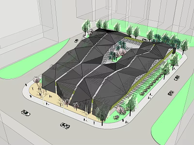 Modern Geometric Building Design With Greenery Parking Spaces And Pedestrians 3d model