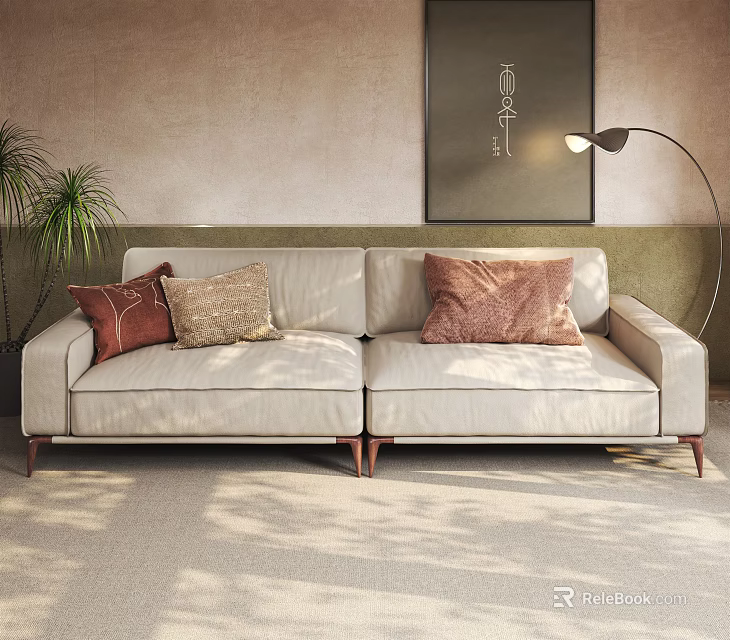 Beige Two Seater Sofa With Brown Decorative Pillows In Modern Living Room With Floor Lamp And Potted Plant 3d model 