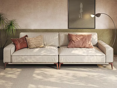 Beige Two Seater Sofa With Brown Decorative Pillows In Modern Living Room With Floor Lamp And Potted Plant 3d model