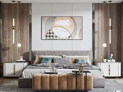 Modern Bedroom Interior With Artwork Above Headboard Wall Pendant Lights Nightstands And Upholstered Bench 3d model
