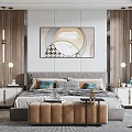 Modern Bedroom Interior With Artwork Above Headboard Wall Pendant Lights Nightstands And Upholstered Bench