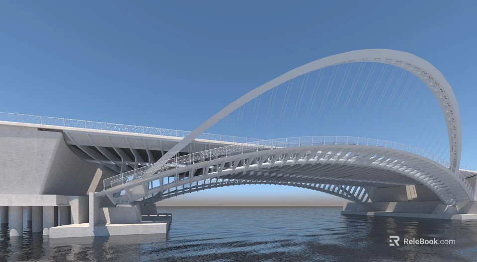 Modern Curved Arch Bridge With White Framework Spanning Water Under Blue Sky 3d model