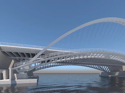 Modern Curved Arch Bridge With White Framework Spanning Water Under Blue Sky 3d model
