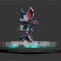Cute Game and Movie Character With Pink Ears Blue Outfit Holding Device Glowing Circular Base