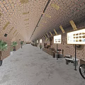 Brick Arch Corridor Interior With Display Boards Plants Vintage Items And Lighting