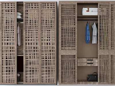 Wardrobe With Rattan Door Design Interior Hanging Clothes Drawers And Storage 3d model