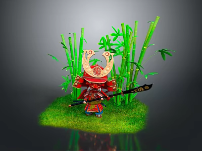 Man Wearing Traditional Samurai Costume With Helmet Holding Sword Near Bamboo On Green Grass 3d model