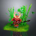 Man Wearing Traditional Samurai Costume With Helmet Holding Sword Near Bamboo On Green Grass