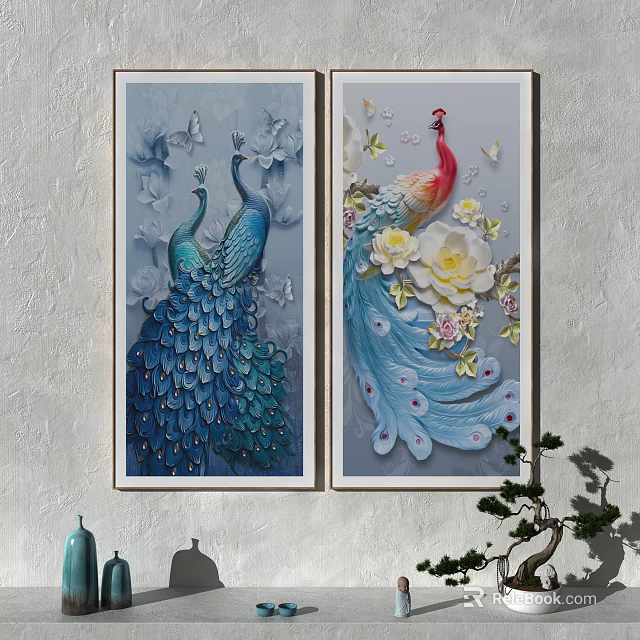 Two Elegant Peacock Animal Paintings With Blue Feathers White Flowers And Butterflies 3d model 