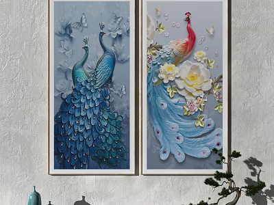 Two Elegant Peacock Animal Paintings With Blue Feathers White Flowers And Butterflies 3d model