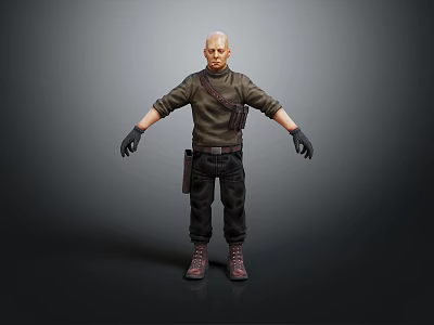 3D Character Design Of Bald Male With Dark Shirt Black Pants Brown Boots And Gloves 3d model