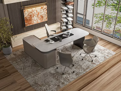 Modern Office Desk Workspace With Three Ergonomic Chairs Computer Potted Plant Bookshelf Window And Rug 3d model
