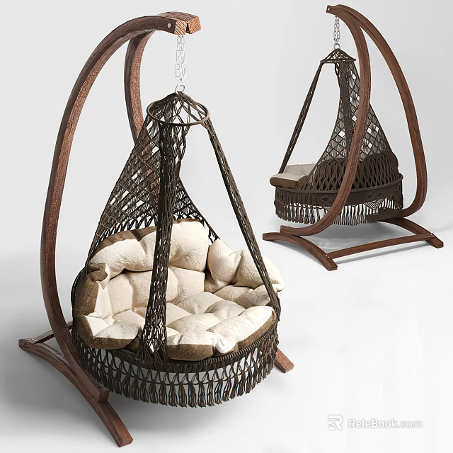 Stylish Wicker Hanging Chairs With Plush Cushions 3d model 