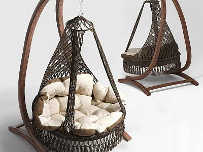Stylish Wicker Hanging Chairs With Plush Cushions 3d model