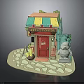 Art Stickers Shop Building With Red Door Green Yellow Striped Awning Stone Statue And Plants