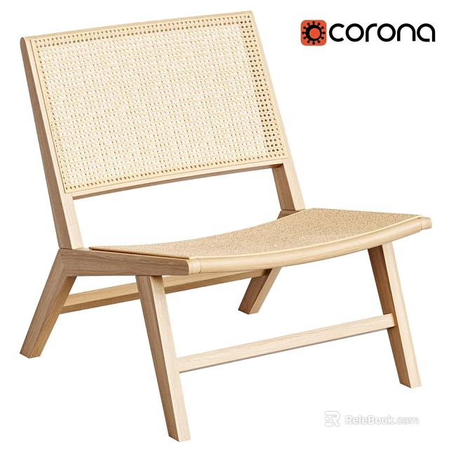 Leisure Chair with Wooden Frame and Rattan Backrest Seat Minimalist Natural Design 3d model 