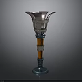 Decorative Pedestal With Flared Metal Top Wooden Column And Blue Base