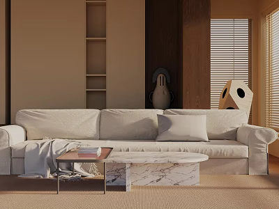 Modern Three Seater Sofa With Marble Coffee Table And Throw Blanket In Living Room 3d model