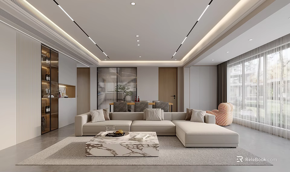 Modern Living Dining Room Interior With L shaped Sofa And Marble Coffee Table 3d model