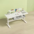 White Kids Desk with Tablet Books Stationery Small Plant and Stuffed Toy