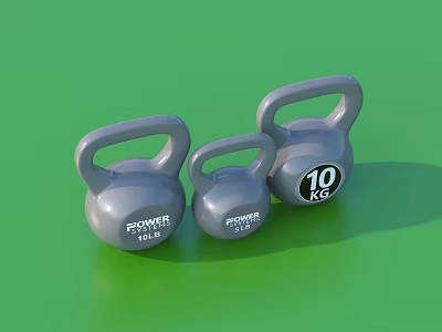 Three Silver Power Kettlebells with 5KG 8KG 10KG Weights for Home Use 3d model