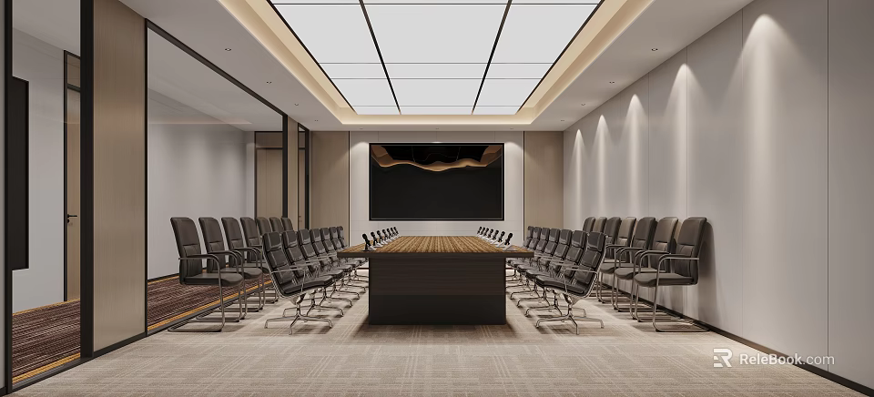 Modern Formal Conference Room Interior With Long Table Black Chairs And Grid Ceiling 3d model