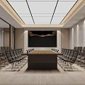 Modern Formal Conference Room Interior With Long Table Black Chairs And Grid Ceiling 3d model