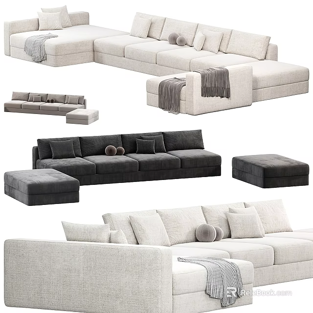 Modern Fabric Sectional Sofa Set With Plush Pillows Throw Blanket And Ottoman 3d model