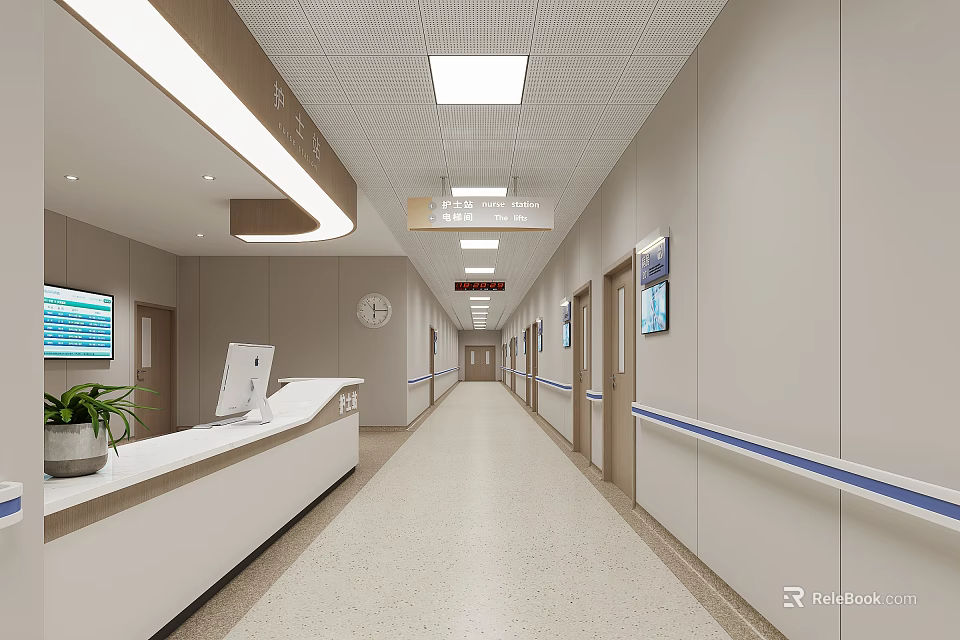 Modern Hospital Outpatient Clinic Interior Design With Reception And Corridor 3d model 
