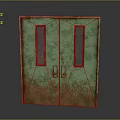 Rusted Green Double Door Cabinet Furniture With Red Mesh Glass Panels And Metal Handles