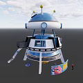 Rocket Shaped Kids Playground With Blue And White Design Yellow Balls Slide And Cartoon Decorations