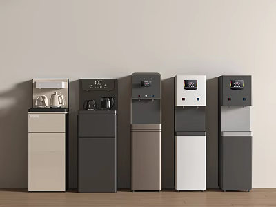Modern Standing Kitchen Appliances With Digital Displays In Various Colors Against Wall 3d model