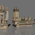 Collection of European style Architecture Models with Classical Towers and Ornate Facades