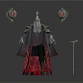 Ancient Emperor 3D Model With Red Robe Green Decorations Scepter And Lanterns