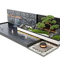 Stone Landscape Feature Wall With Flowing Water Small Pine Tree Pool Pebbles And Fire Pit