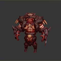 Fierce Muscular Orc Warrior With Brown Fur Red Decorations Skull Ornament Holding Weapons