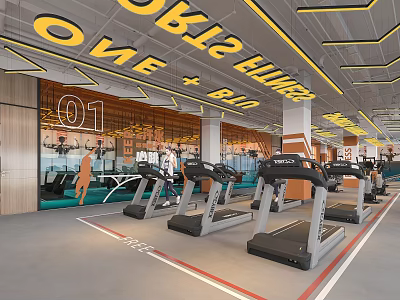 Modern Fitness Gym Interior With Treadmills And Workout Equipment Arranged Neatly 3d model