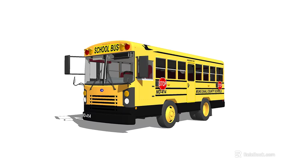 Yellow School Bus Exterior With Stop Sign Black Windows And Public School District Markings 3d model 