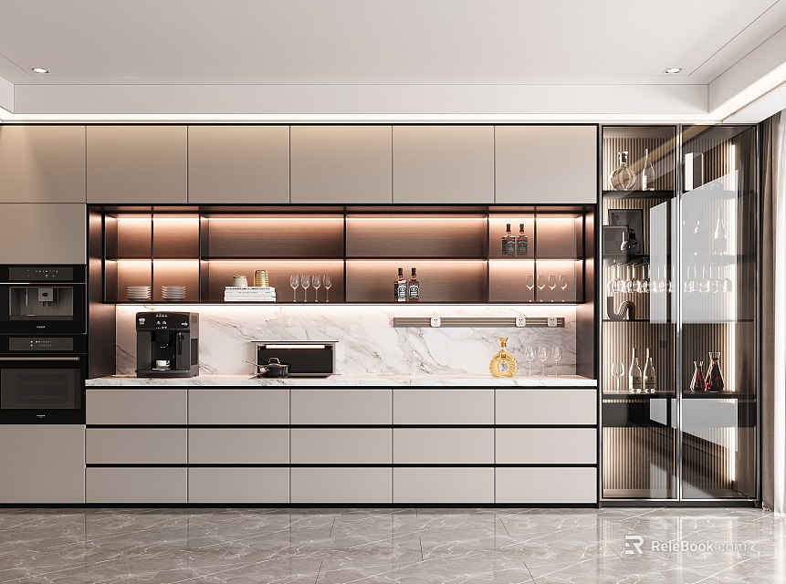 Modern Kitchen Interior With Cabinets Marble Countertop Glass Door Cabinet And Lighting 3d model 