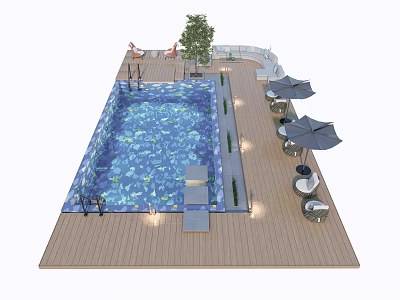 Outdoor Swimming Pool Area With Wooden Deck Loungers Umbrellas Tree And Lights 3d model
