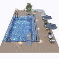 Outdoor Swimming Pool Area With Wooden Deck Loungers Umbrellas Tree And Lights