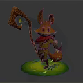 Fantasy Fox With Red Scarf Holding Wooden Staff Standing In Green Grass And Small Flowers