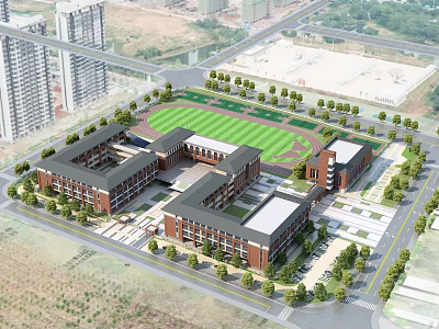 Aerial View of Red Brick School Campus With Sports Field And Lush Greenery 3d model