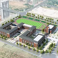 Aerial View of Red Brick School Campus With Sports Field And Lush Greenery