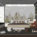 Kids Room Interior With Mountain Tree Cloud Mural Bed Rug Toys Desk Chair Plant