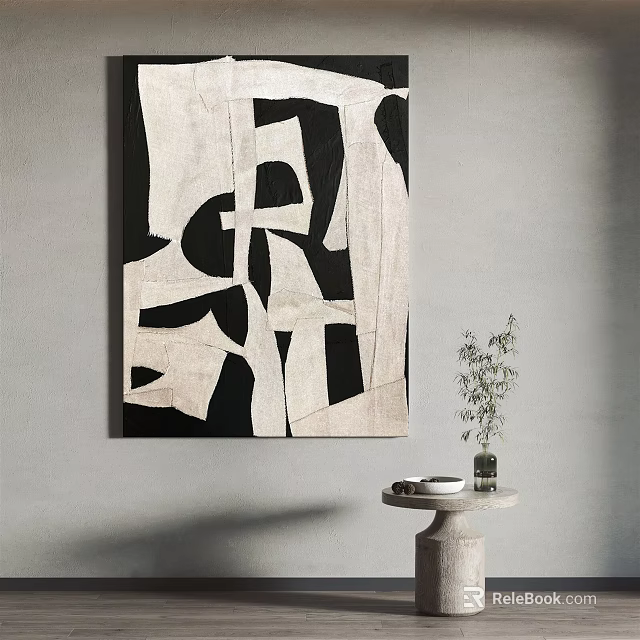 Black and White Abstract Wall Art with Small Round Table and Vase Plant 3d model 
