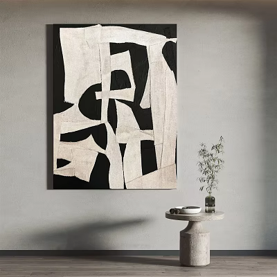 Black and White Abstract Wall Art with Small Round Table and Vase Plant 3d model