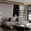 Modern Living Room Decorative Ornaments Arrangement With Gray Sofa Two Pillows Shelves And Window Blinds