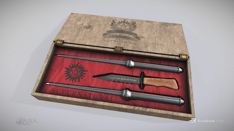 Supernatural Themed Three Weapons Set In Wooden Box With Red Padding And Sun Symbol 3d model 