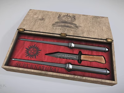 Supernatural Themed Three Weapons Set In Wooden Box With Red Padding And Sun Symbol 3d model